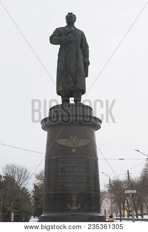 Evpatoria, Crimea, Russia - February 28, 2018: Monument To Hero Of The Soviet Union Tokarev Nikolai 