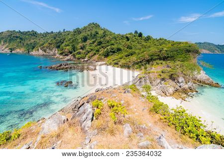 Aerial View point of Tropical white sand beach and snorkel point at cockburn island andaman sea indian ocean Myanmar and Thailand.