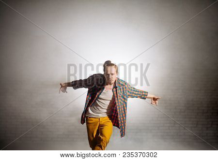 Cropped Photo Of Ginger Guy Wearing Checked Shirt Tripping On Fearless.badass Tember. Confident Teen