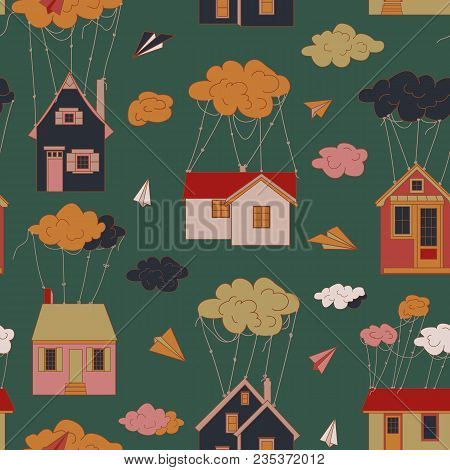At Home Like Balloons. Houses Fly In The Clouds. The Clouds Are Harnessed. Flying Houses. Children S