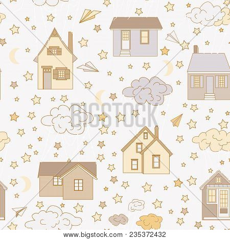 At Home Like Balloons. Houses Fly In The Clouds. The Clouds Are Harnessed. Flying Houses. Children S