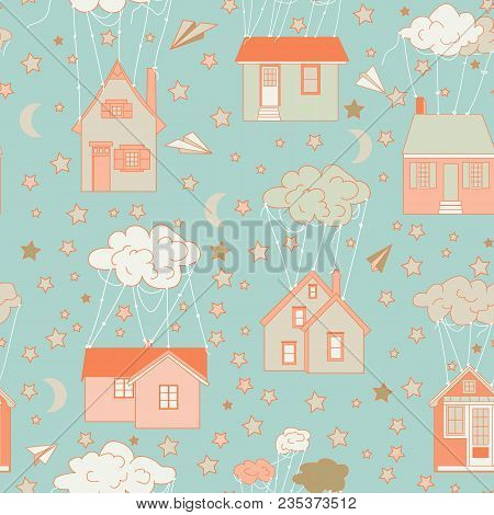 At Home Like Balloons. Houses Fly In The Clouds. The Clouds Are Harnessed. Flying Houses. Children S