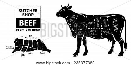 Cut Of Beef Set. Poster Butcher Diagram - Cow. Vintage Typographic Hand-drawn. Vector Illustration