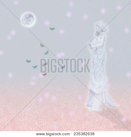 Woman`s marble statue and butterflies. Glowing moon. 3D rendering