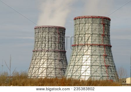 Large Cooling Pipes At The Thermal Power Plant.inside Them Steam Is Cooled And Condensed Water.