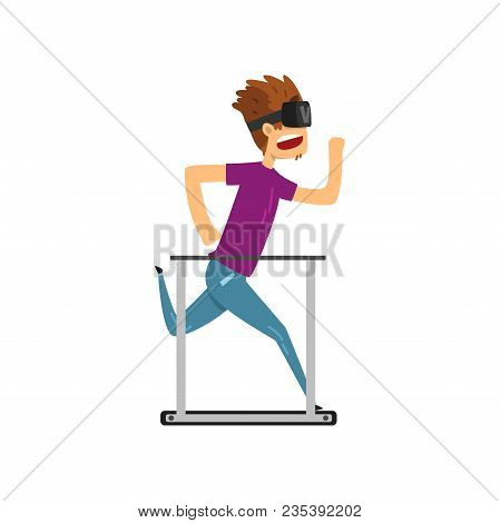 Young Man Cartoon Character In Virtual Reality Headset Running On A Treadmil, Full Virtual Reality C