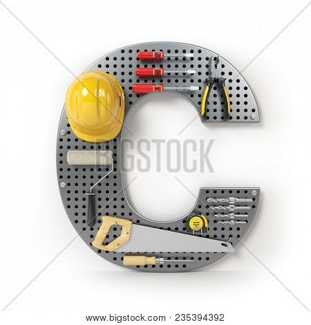 Letter C. Alphabet from the tools on the metal pegboard isolated on white. 3d illustration