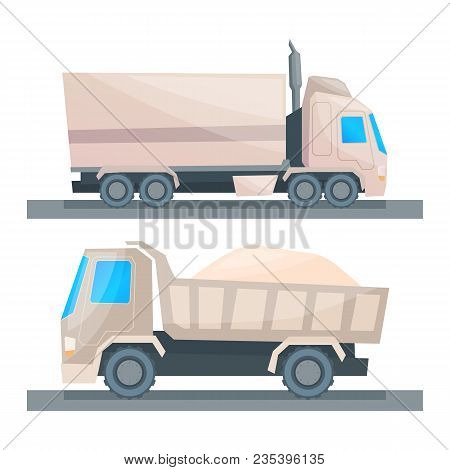 Road Cargo Transportation, Truck, Dump Truck With Cargo. Vector Illustration In The Style Of Kartun.