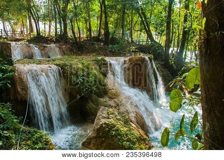 Magnificent Waterfall In Mexico, Beautiful Scenery Overlooking The Waterfall Agua Azul Near Palenque