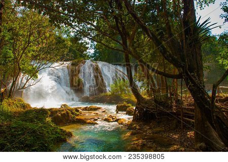 Beautiful Landscape With Waterfall Agua Azul, Chiapas, Palenque, Mexico