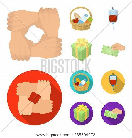 Gesture Of The Hands In Support, A Basket With Food For Charity, Donor Blood, A Gift Donation Box. C