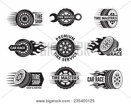 Race Logos With Pictures Of Different Cars Wheels. Vector Car Automobile Wheel Logo, Auto Tire Servi