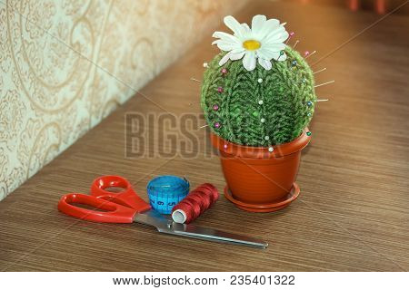 Cactus As A Handmade Needle Bed On Table. Sewing Accessories, Colored Spools Of Thread