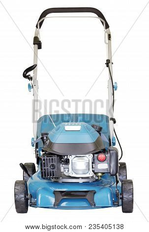 Petrol Mower On Wheels Turquoise Color With Bag Grass Collector, Isolated On White Background, High 
