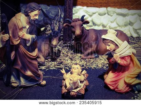 Traditional Nativity Scene With The Holy Family With The Ox And The Donkey