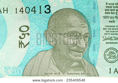 A New Banknote Of India With A Denomination Of 50 Rupees. Indian Currency. Portrait Of Mahatma Gandh