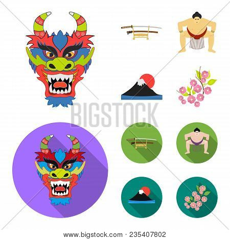 Dragon Mask, Katano, A Man Is A Sumo Player, A Fujiama Mountain.japan Set Collection Icons In Cartoo