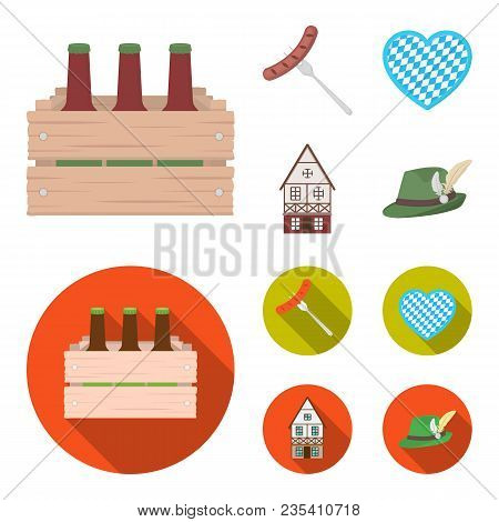 Box With Beer, Fried Sausage, Heart Of The Festival, Bavarian Cottage. Oktoberfest Set Collection Ic