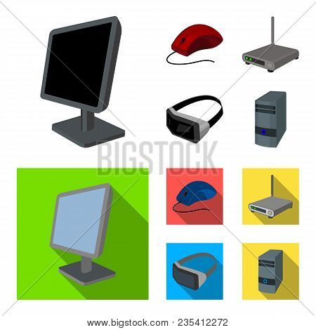 Monitor, Mouse And Other Equipment. Personal Computer Set Collection Icons In Cartoon, Flat Style Ve