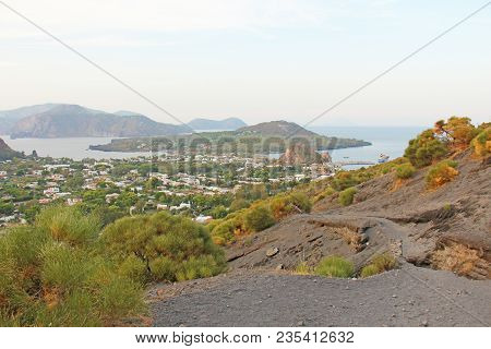 View Of The Vulcanello Peninsula. The Islands Of Lipari, Italy.