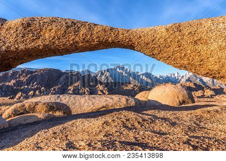 Lathe Arch On Sunrise With Lone Pine Peak On Background. Alabama Hills, Eastern Sierra Nevada Mounta