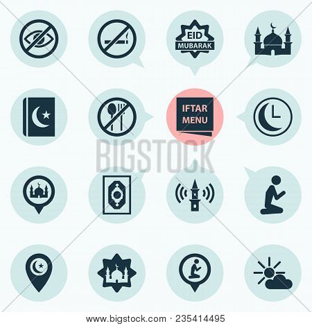 Religion Icons Set With Lower Your Eyes, Religion, Asr And Other Cigarette Forbidden Elements. Isola