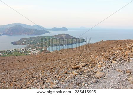 View Of The Vulcanello Peninsula. The Islands Of Lipari, Italy.