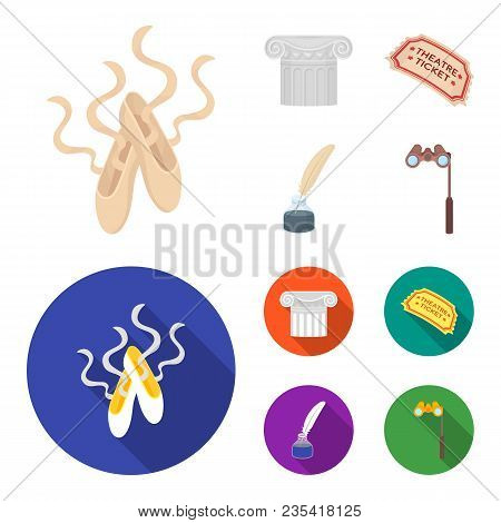 Pointe Shoes, Column, Theater Ticket, Inkwell With Feather. Theater Set Collection Icons In Cartoon,