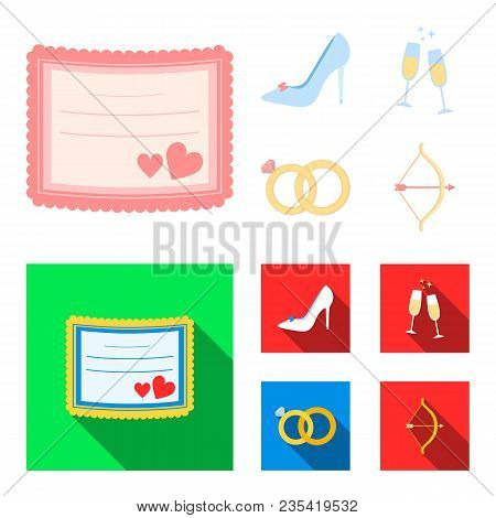 Invitation, Bride Shoes, Champagne Glasses, Wedding Rings. Wedding Set Collection Icons In Cartoon, 