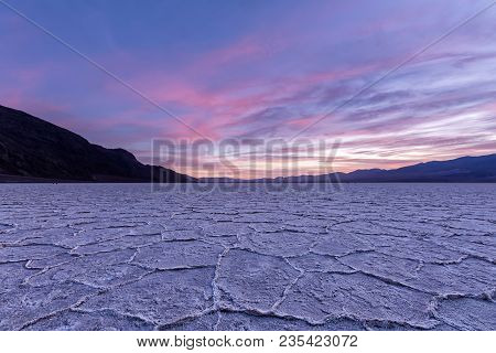 Fiery Sunset Over Badwater At Death Valley National Park, California