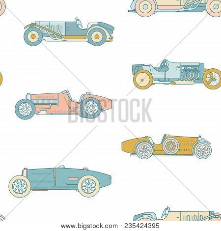 Vector Race Retro Sport Car Seamless Pattern. Vintage Automobiles Isolated On White Background