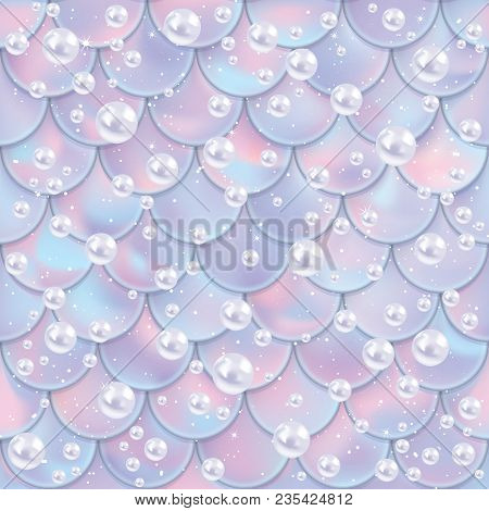 Fish Scales With Pearls Seamless Pattern. Mermaid Tail Texture. Vector Illustration. Print Design Fo