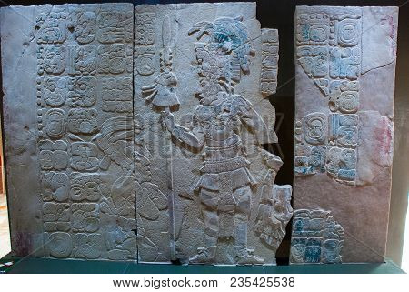 Mayan Drawings On Stone, Ancient Bas-reliefs. Exposition Of The Museum Of Archaeology In Palenque. C