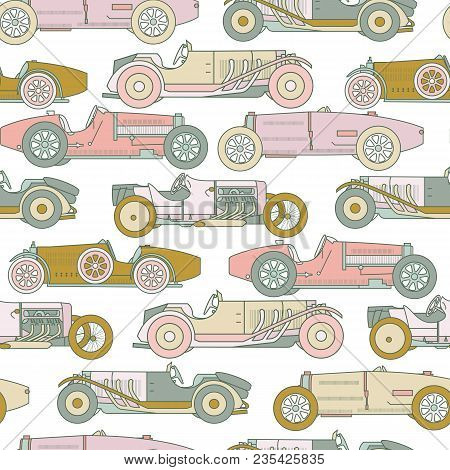 Vector Race Retro Sport Car Seamless Pattern. Vintage Automobiles Isolated On White Background
