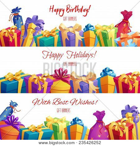 Gift Box And Present Packaging Banner Set. Festive Gift And Present Border With Bright Box, Pack And