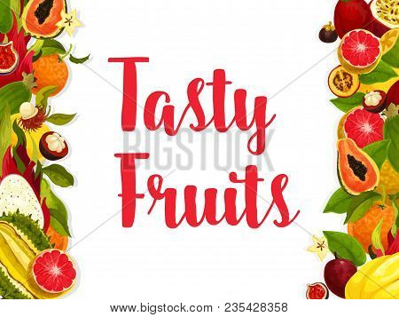 Exotic Fruit Banner, Edged By Fresh Tropical Berry. Orange, Grapefruit And Papaya, Durian, Fig And F