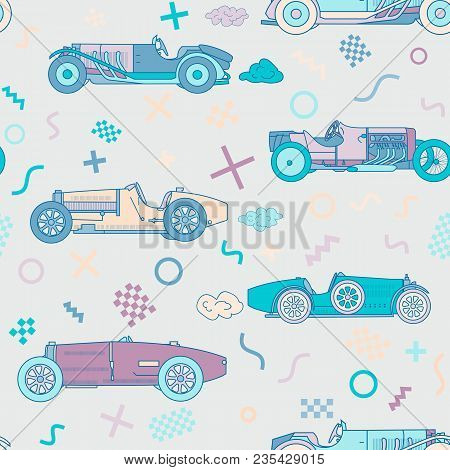 Vector Race Retro Sport Car Seamless Pattern. Vintage Automobiles Isolated On White Background. Memp