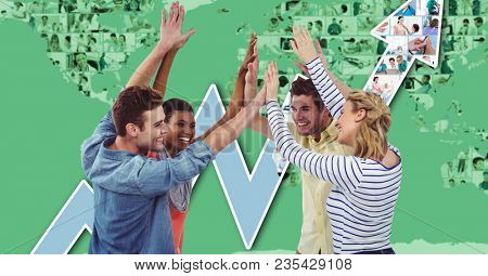 Digital image of hipsters giving high five while standing against graphical background