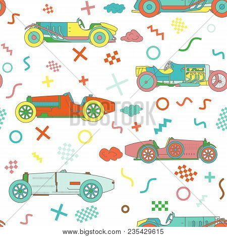 Vector Race Retro Sport Car Seamless Pattern. Vintage Automobiles Isolated On White Background. Memp