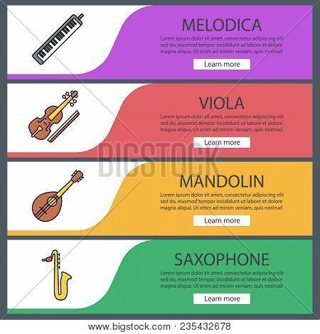 Musical Instruments Web Banner Templates Set. Melodica, Viola, Mandolin, Saxophone. Website Color Me