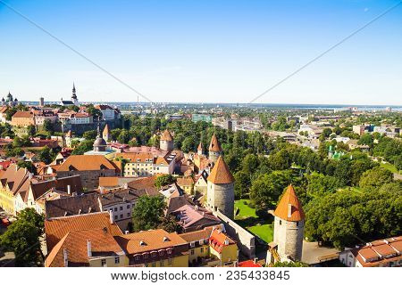 Cityscape Aerial View On The Old Town In Tallinn, Estonia. View From Toompea Hill. Scenic Summer Aer