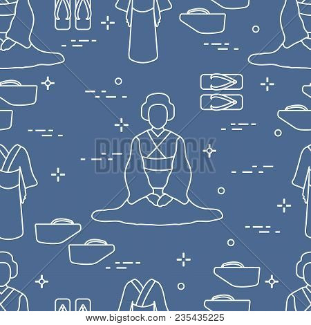 Seamless Pattern With Asian Woman, Traditional Japanese Clothing, Shoes. Travel And Leisure.