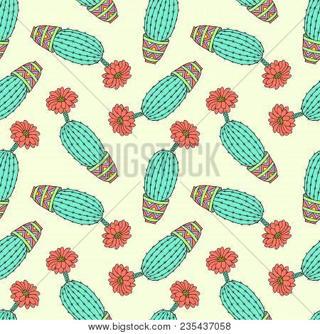 Seamless Pattern With Colorful Hand Drawn Cactuses.vector Illustration.