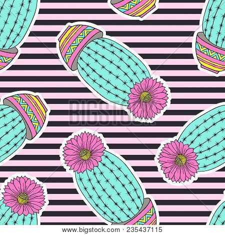 Seamless Pattern With Colorful Hand Drawn Cactuses On Striped Background.