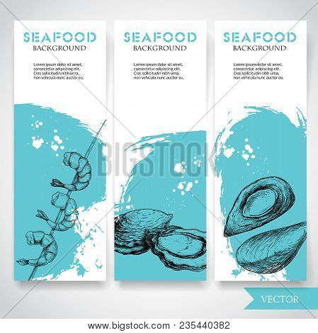 Seafood Banner With Watercolor Blue Background And Hand Drawn Food. Sketch Prepared Shrimp On Bamboo