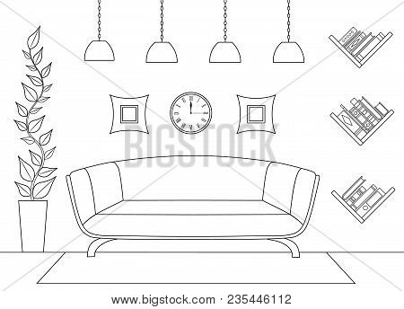 Linear Interior. Vector. Front View. Schematic Placement Of Furniture And Details In The Room.