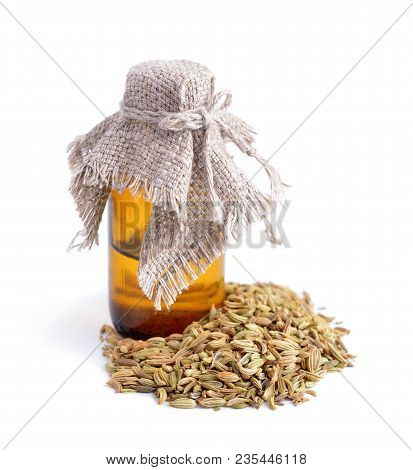 Fennel Seeds With Essetial Oil.  Isolated On White.