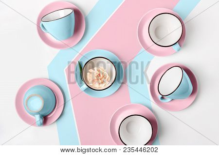 Clean Coffee Or Tea Set. Plenty Of Elegant Porcelain Light Blue And Pastel Pink Cups And At Funky Ab