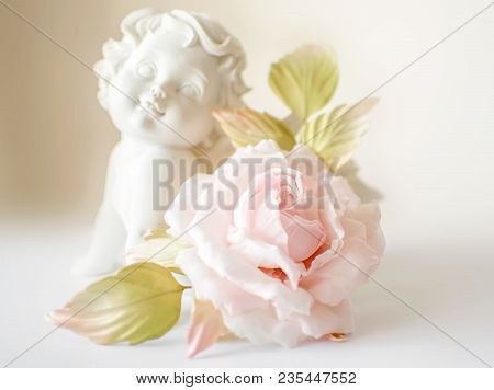 Beautiful Flower In Light Pink Cream And White Colors Rose Hand Made On White Blurred Background Wit