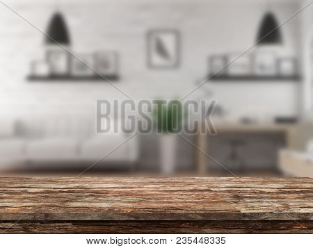 3D render of an old wooden table looking out to a defocussed lounge interior
